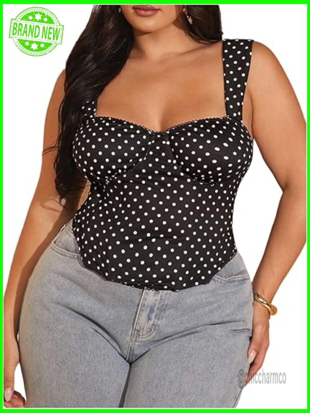 Plus Size Polka Dot Corset Tank Top Sweetheart Neck Hook & Eye Back